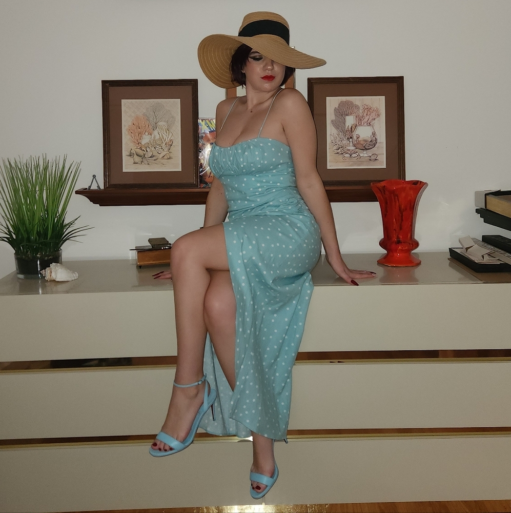 NWT! Zara Light Blue Polka Dot Linen Blend Midi Dress